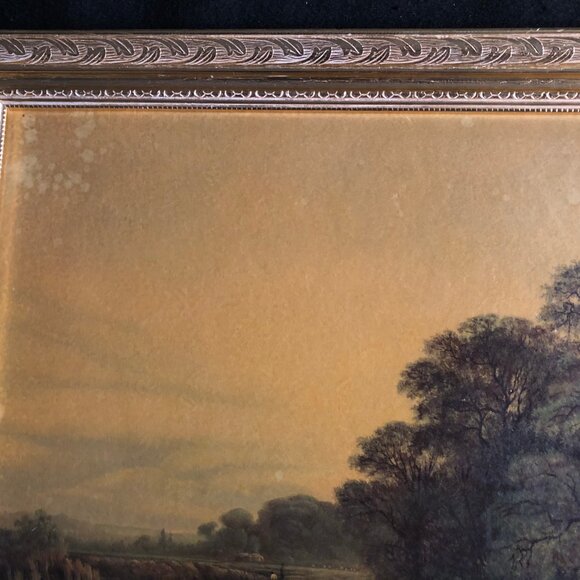 Vintage print man fishing pond river boat trees landscape framed wall decor - Picture 2 of 7